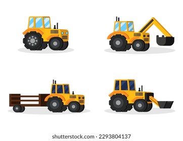 Varios tractores amarillos sobre fondo blanco. Ilustración del vector