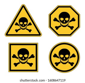 Different yellow warning or danger road sign with skull and crossbones vector illustration