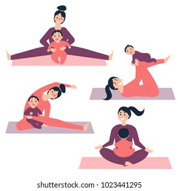 Different yoga and morning exercises with baby. Young woman with her child is stretching and making sports in gym or at home, using gymnastic rug mat. Vector illustration in flat style