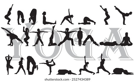 different yoga pose silhouette full isolated collection