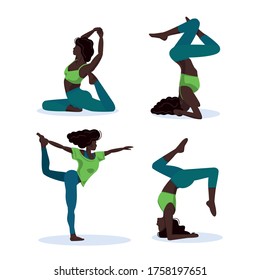 Diferentes poses de yoga. Una hermosa y delgada mujer negra está de pie en asanas. Ilustración vectorial.