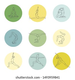 Different yoga poses continuous one line vector illustration