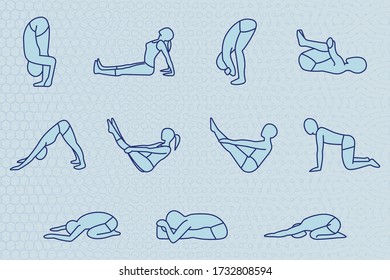 Different yoga poses line vector. Multiple people doing yoga. Collection of yoga postures Illustration.