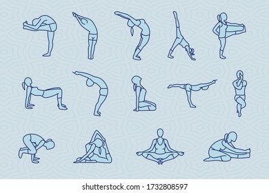 Different yoga poses line vector. Multiple people doing yoga. Collection of yoga postures Illustration.