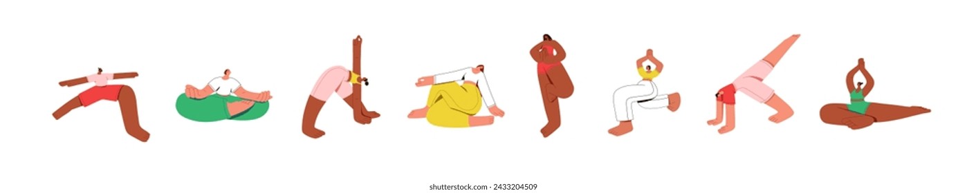 Different yoga positions set. Women practice various asanas. People go meditation, sit in lotus pose. Girls do stretching exercises, care about body. Flat isolated vector illustrations on white