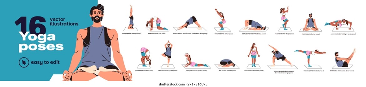 Diferentes posturas de yoga. Las Personas practican asanas, poses de guerrero, loto, gato y árbol. El hombre y la mujer se estiran, hacen ejercicios deportivos mientras entrenan, entrenan. Ilustraciones vectoriales aisladas planas en blanco