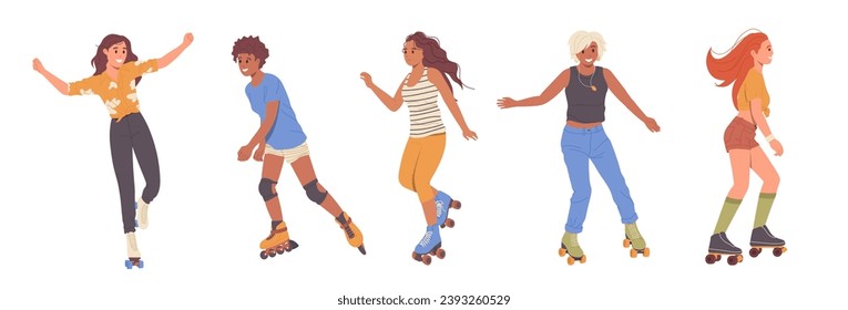 Personajes de dibujos animados de mujeres jóvenes activas casuales roller aislado en patinaje sobre fondo blanco