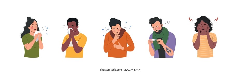 Different young ill women and men isolated. Flat style cartoon vector illustration. 