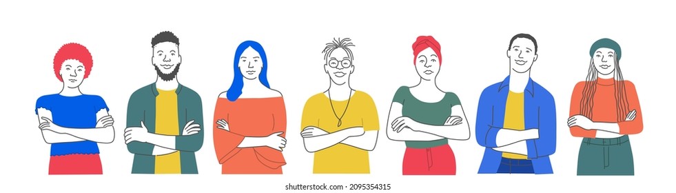 Different Young Men And Women In Trendy Hipster Clothes. Diverse Group Of Stylish People. Hand Drawn Vector Illustration. Flat Style.