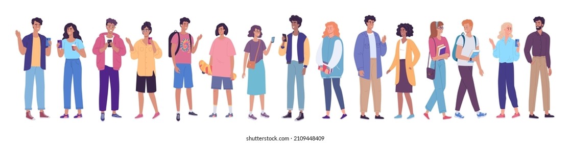 Different young modern people standing together big illustration set