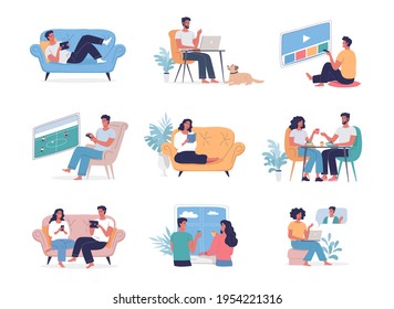 Different young people characters spend time at home during quarantine time isolation