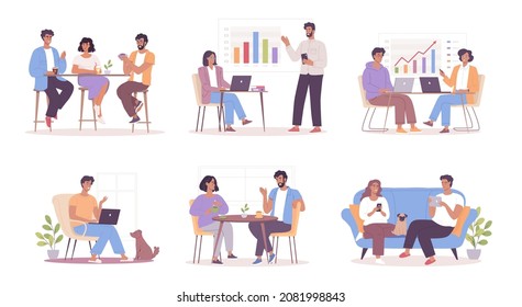 Different young people characters work, rest, meet friends, talk, drink coffee