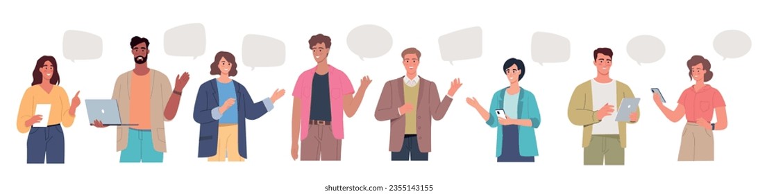 Diferentes jóvenes conversan y trabajan juntos. Conjunto de vectores de personajes de dibujos animados coloridos