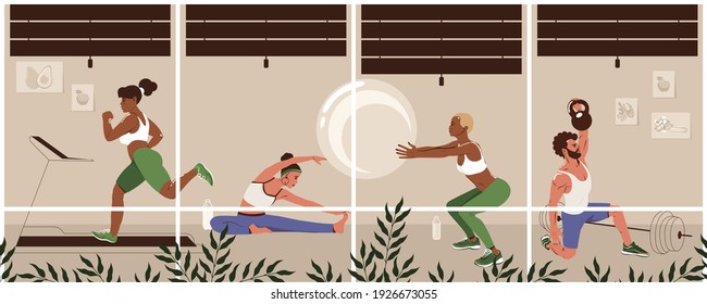 Different young people exercising at modern gym. Healthy lifestyle, fitness concept. Men and women do physical exercises. Flat vector illustration