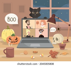 Different young people in halloween costumes connecting together with video conference or video call on laptop screen from home. Halloween concept vector flat illustration.