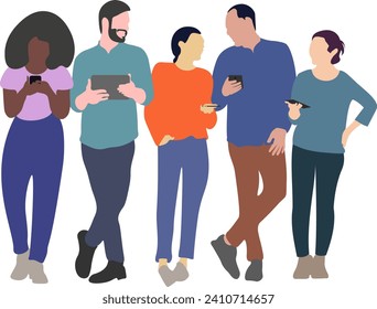 Different young people look into the smartphone. People stand full body. Flat style cartoon vector illustration.