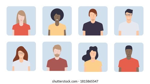 Different young people portraits. Guys and girls avatars. Vector illustration