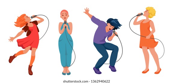 different young people sing into microphones.
