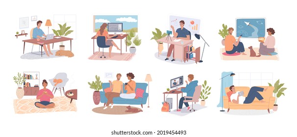 Different young people spend time at home, work, study, watch videos, talk, drink tea and relax. Colorful cartoon people characters vector illustrations set. 