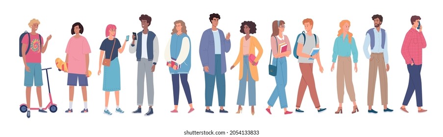 Different young people standing together. Modern characters vector design set  