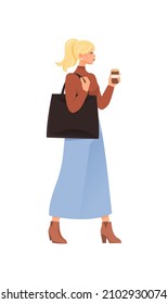 Different young woman. Blonde girl with coffee in her hands goes to work, energy and cheerfulness. Hot drink, tea, businesswoman. Cartoon flat vector illustration isolated on white background