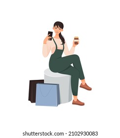 Different young woman. Girl with coffee in her hand takes pictures of herself with purchases. Clothing store, scenes from fitting room. Cartoon flat vector illustration isolated on white background