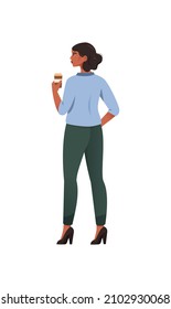 Different young woman. Girl in high heels stands with cup of coffee in her hands. Lunch break, hot drink, breakfast and morning. Cartoon flat vector illustration isolated on white background
