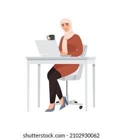 Different young woman. Girl in hijab sits at laptop with cup of coffee. Muslim woman at work, traditions and religion, employee. Cartoon flat vector illustration isolated on white background