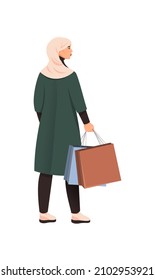 Different Young Woman. Girl In Hijab Stands With Packages In Her Hands, Muslim On Shopping. Tradition And Religion. Tolerance And Unity. Cartoon Flat Vector Illustration Isolated On White Background