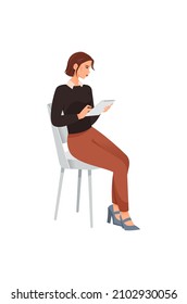 Different young woman. Girl sitting with tablet in her hands. Employee examines documents. Clerk and paperwork. Hardworking manager. Cartoon flat vector illustration isolated on white background