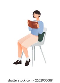 Different young woman. Girl sitting on chair with book. Literature, hobbies and education. Selfdevelopment, library, poems and stories. Cartoon flat vector illustration isolated on white background