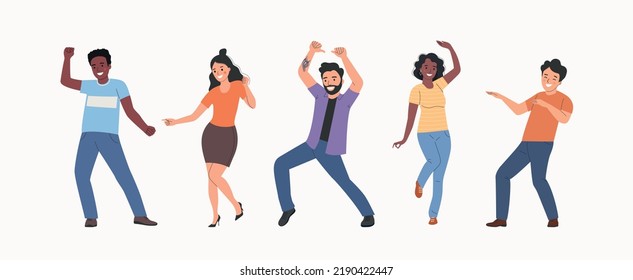 Different young women and men dancing. People stand full body. Flat style cartoon vector illustration. 