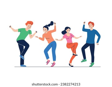 Different young women and men dancing. People stand full body. Flat style cartoon vector illustration. 