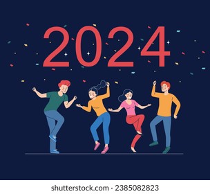 Different young women and men dancing. 2024 concept. People stand full body. Flat style cartoon vector illustration. 