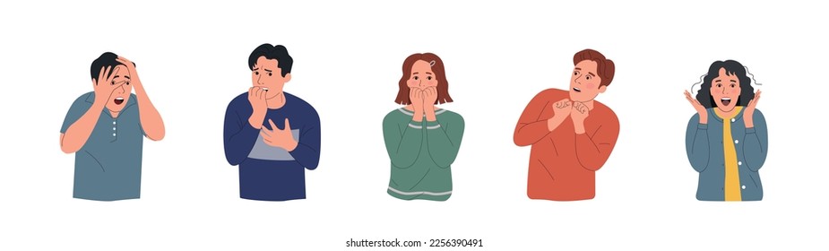 Different young  women and men experiences fear, fright, stress. Flat style cartoon vector illustration. 