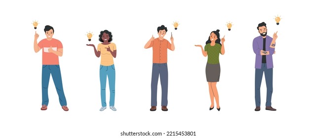 Different young women and men  finding new idea. People stand full body. Flat style cartoon vector illustration. 