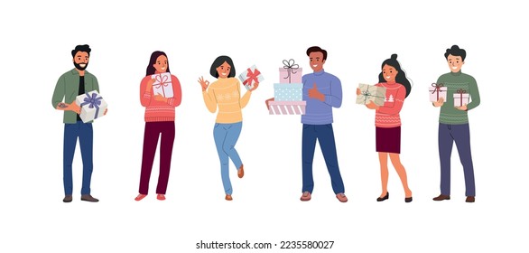 Different young women and men  holding  gifts boxes with ribbon.  People stand full body. Flat style cartoon vector illustration. 