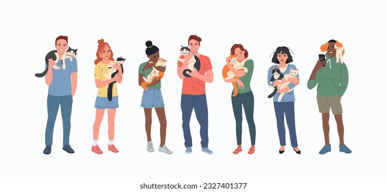 Different young  women and men holds and hugs the cat. Vector flat style cartoon illustration