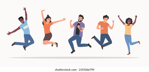 Different young women and men jumped up. People stand full body. Flat style cartoon vector illustration. 