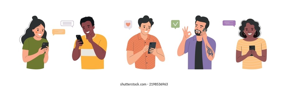 Different young women and men look into the smartphone. Flat style cartoon vector illustration. 