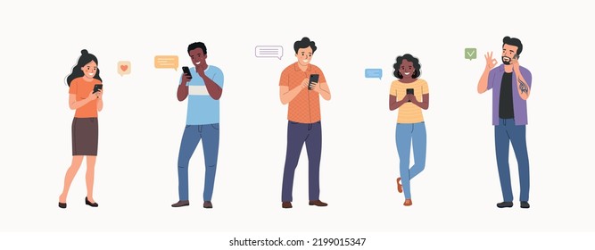 Different young women and men look into the smartphone. People stand full body. Flat style cartoon vector illustration. 