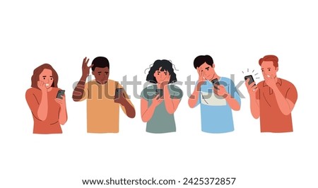 Different young  women and men looking in the smartphone and experiences fear, fright, stress. Flat style cartoon vector illustration.