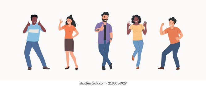 Different young women and men show Yeah positive gesture, approval gesturing. People stand full body. Flat style cartoon vector illustration. 