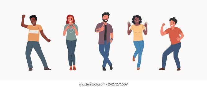 Different young women and men show Yeah positive gesture, approval gesturing. People stand full body. Flat style cartoon vector illustration. 