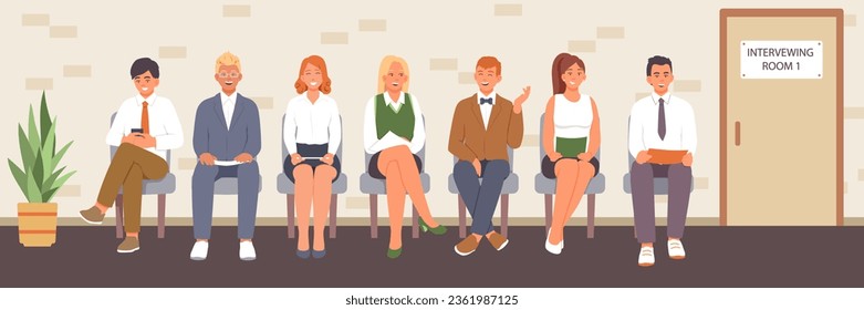 Different young women and men sitting in line and waiting for interview. Waiting for an interview. Work of human resources department. Flat vector illustration in cartoon style