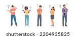 Different young women and men surrounded by a question mark.People stand full body. Flat style cartoon vector illustration. 
