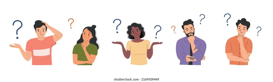 Different young women and men surrounded by a question mark. Flat style cartoon vector illustration. 