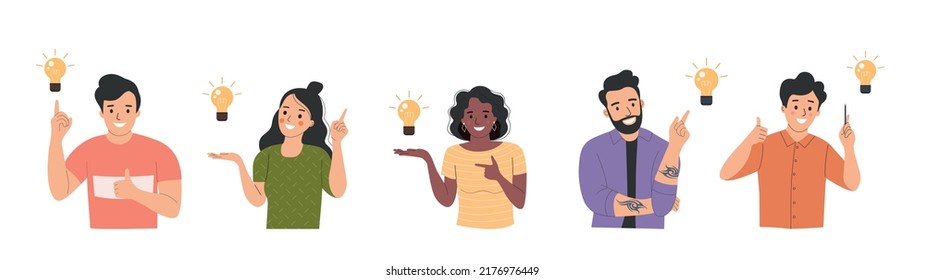 Different young women and men surrounded by a question mark and finding new idea. Shiny light bulb. Flat style cartoon vector illustration. 