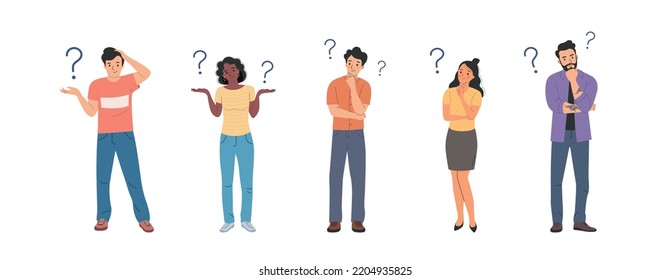 Different young women and men surrounded by a question mark.People stand full body. Flat style cartoon vector illustration. 
