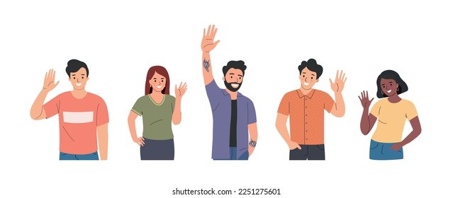 Different young women and men waives hands in hello gesture while smiling cheerfully. Flat style cartoon vector illustration. 